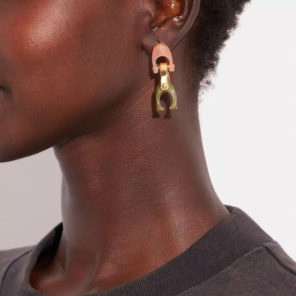 Coach CB446 Chunky Signature Link Drop Earrings Gold Multi-Color Logo NWT $115 - Picture 7 of 8